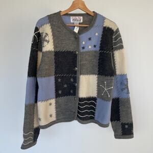 Vintage 80's Tally-Ho Checkered Wool Cardigan Knit Sweater / Sz M / Embroidered